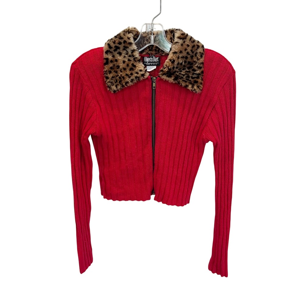 Vintage Objects Dart Y2K Red Ribbed Zip Sweater Leopard Faux Fur Collar MEDIUM